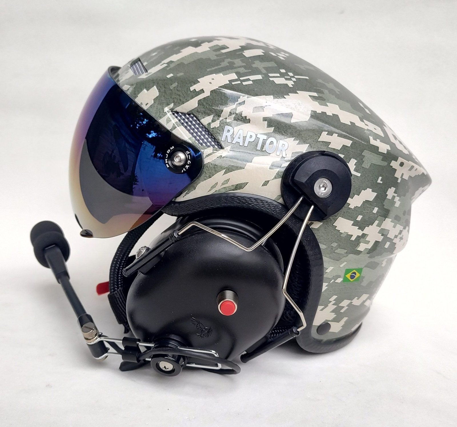 CAPACETE RAPTOR COMBAT FOREST COR CAMUFLADO COM VISEIRA AZUL IRIDIUM